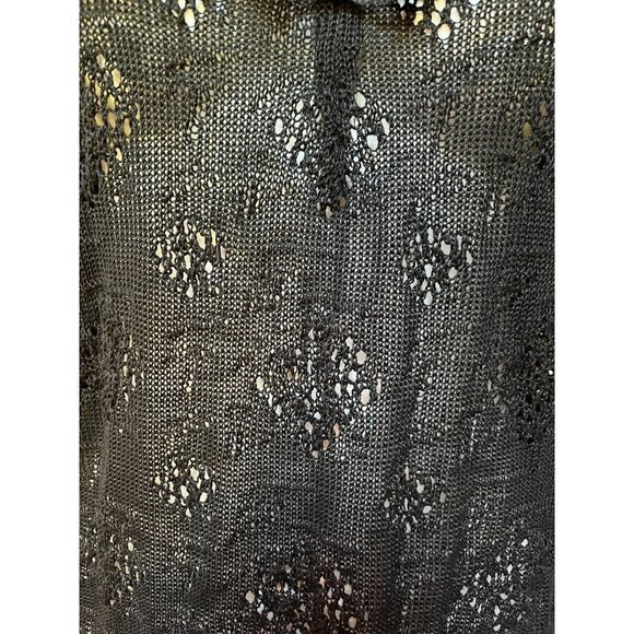 Vintage 90s Black Crochet Knit Top Ruffle Lace Long Sleeve Shirt Sheer - Picture 2 of 5